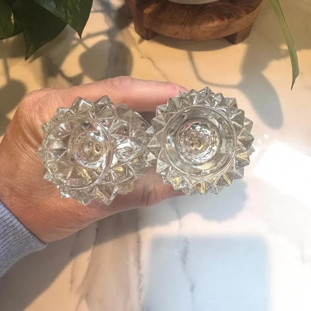 Vintage Indiana Glass Diamond Cut Salt Pepper Shakers with Silverplate Tops